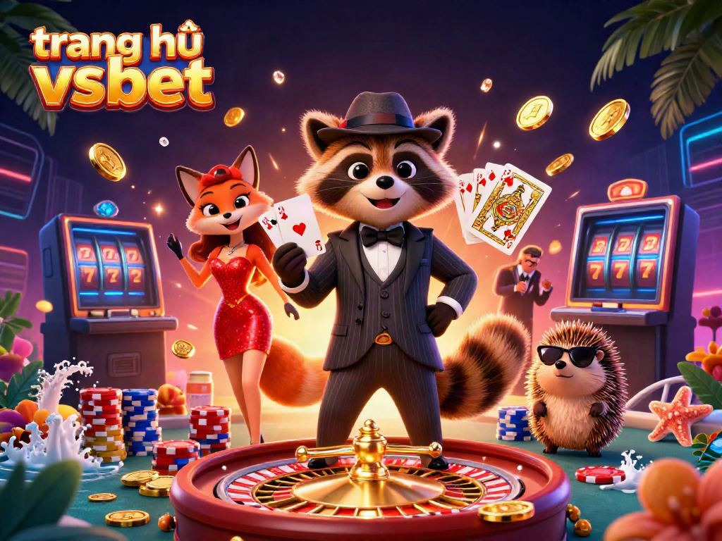 Engaging illustration featuring raccoon in a suit at trang chủ vsbet, surrounded by casino symbols and dynamic elements.