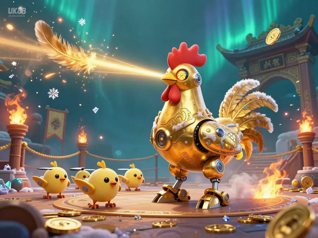 Engage with the UK88 gaming experience in an electrifying 3D scene with a unique rooster robot, as golden tokens and feathers swirl around.