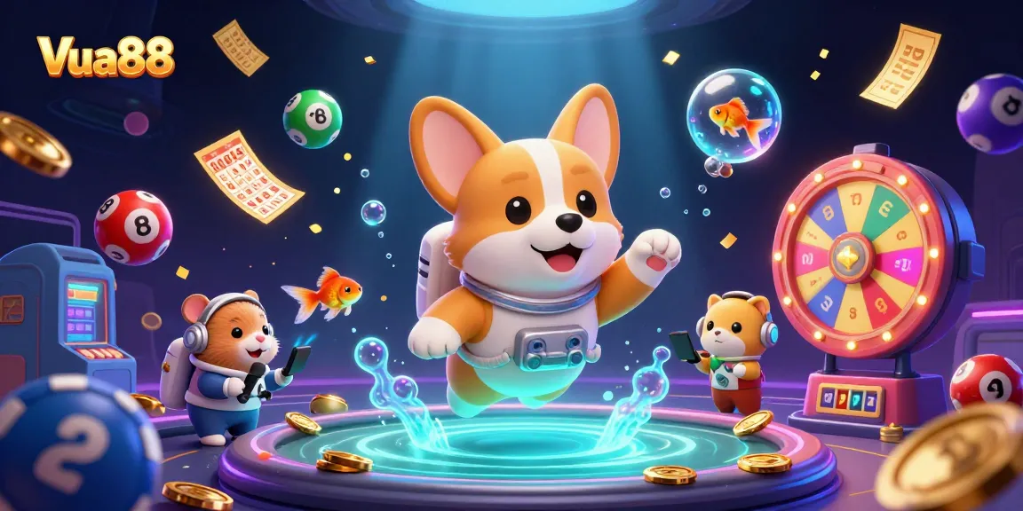 Experience the thrill of Vua88 as a corgi astronaut navigates a vibrant casino space!