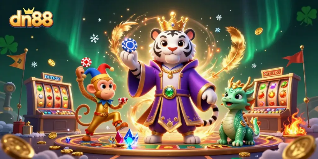 Experience the vibrant energy of dn88 with a tiger and monkey in a lively casino scene.