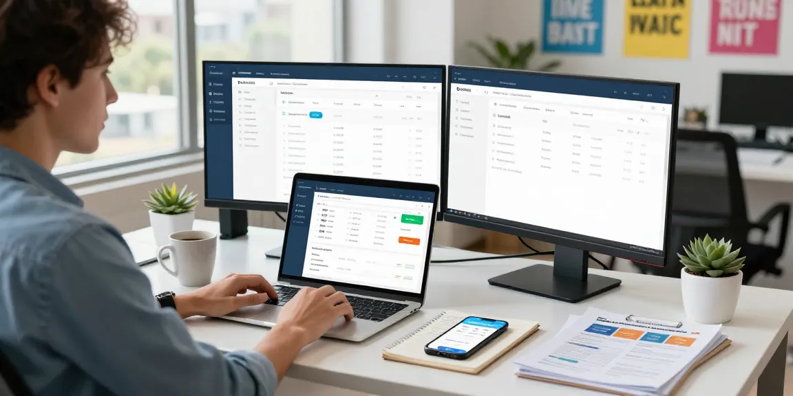 Online payment gateway setup with professional user analyzing payment data and strategies in modern office.