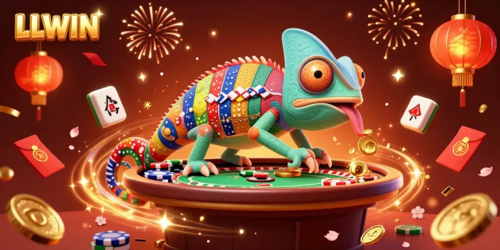 Experience thrilling gameplay at LLWIN with vibrant chameleon casino owner and dynamic game elements.