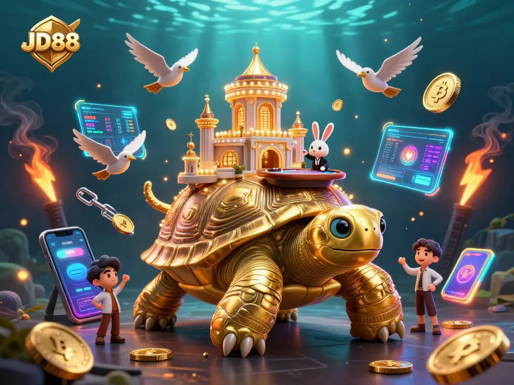 Experience thrilling JD88 gameplay with dynamic characters and glowing crypto elements in this vibrant casino scene.