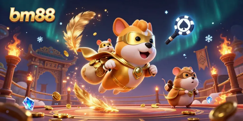 bm88 superhero dog carrying gold coins in a vibrant casino-themed 3D scene filled with game elements.