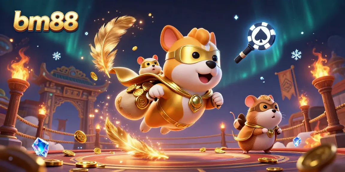 bm88 superhero dog carrying gold coins in a vibrant casino-themed 3D scene filled with game elements.
