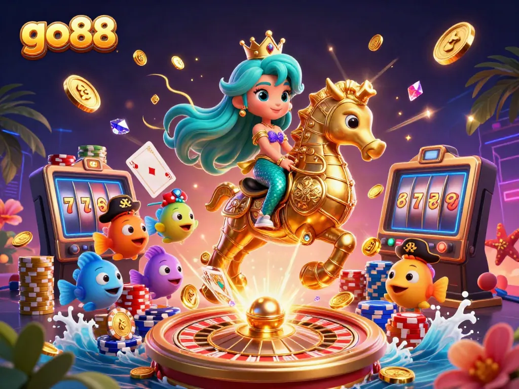 Experience the enchanting world of go88 with vivid mermaid and seahorse gaming scene illustrated in 3D.