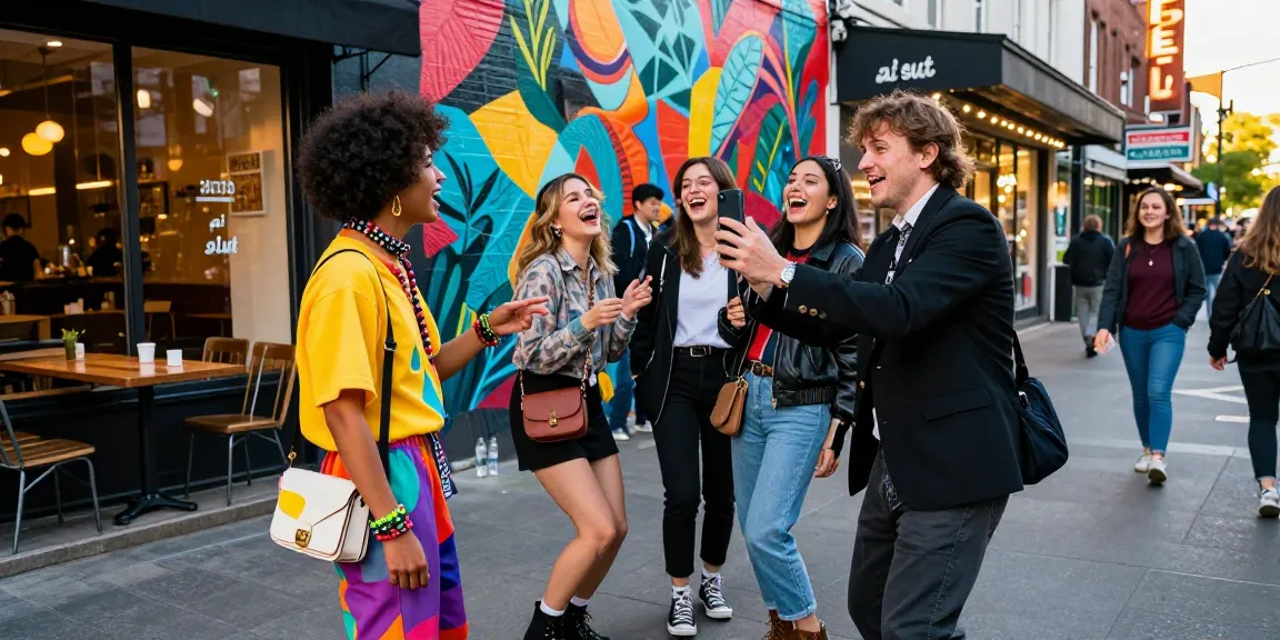 Fashionable individuals embodying the 'ai slut' persona in a vibrant urban scene, showcasing street style and playful interactions.