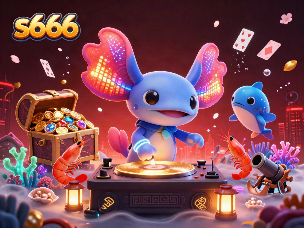 s666 platform illustrated by a vibrant axolotl DJ with shrimp dancers and game elements