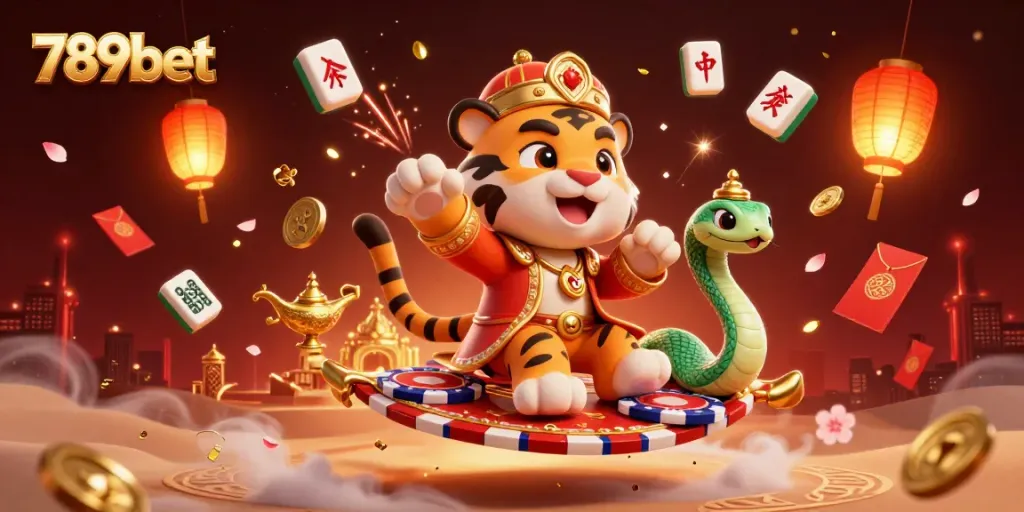 Experience excitement with 789bet as a tiger sultan on a poker chip carpet surrounded by casino elements.