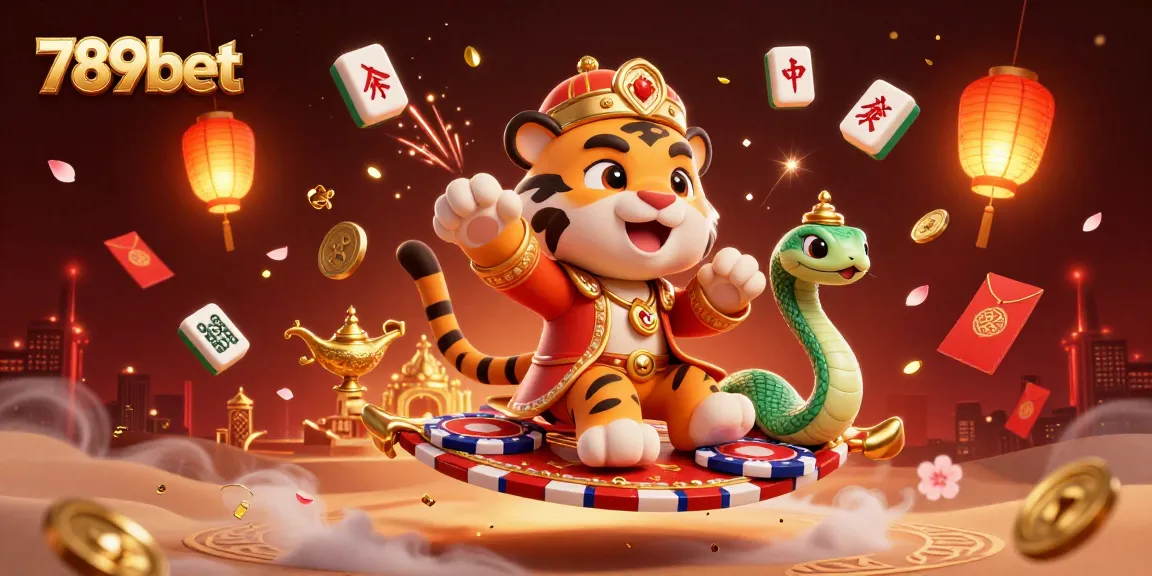 Experience excitement with 789bet as a tiger sultan on a poker chip carpet surrounded by casino elements.