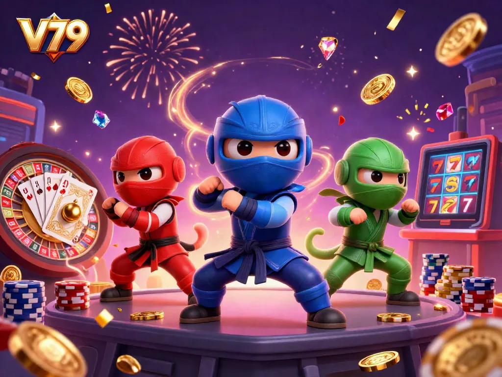 Experience the thrill of V79 with ninja chameleons in a vibrant casino, symbolizing winning moments.