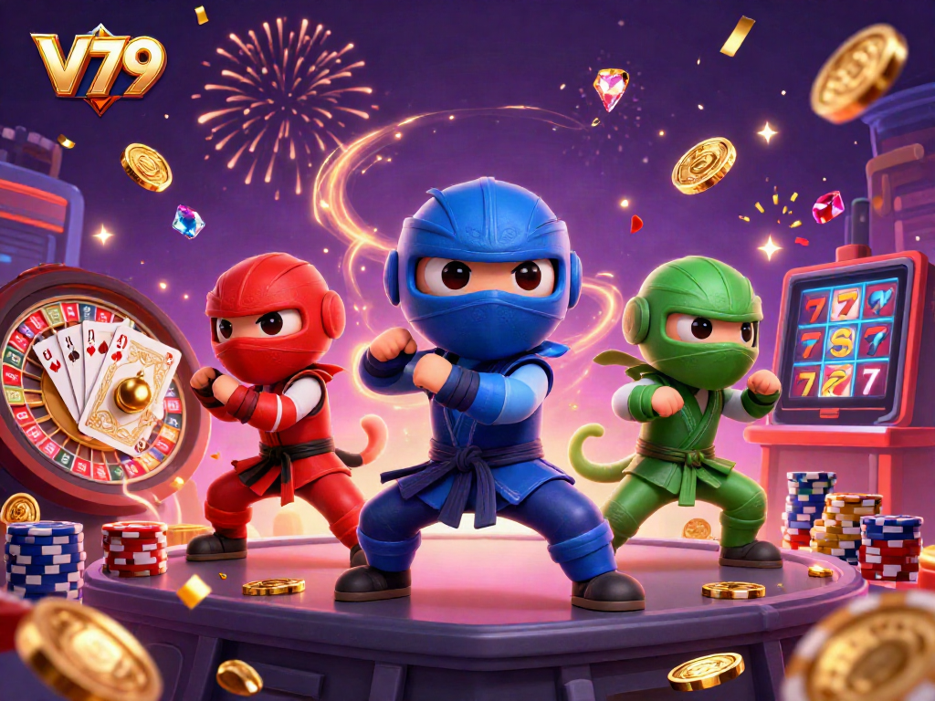Experience the thrill of V79 with ninja chameleons in a vibrant casino, symbolizing winning moments.