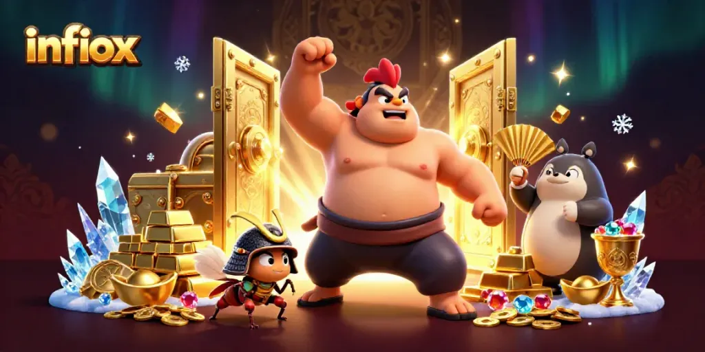 Dewatogel online experience with infiox: a sumo rooster, samurai cricket, and tanuki in a vibrant casino scene.