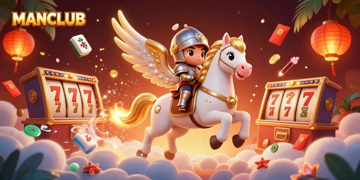 Experience the excitement of MANCLUB with a dynamic 3D illustration of a celestial horse and knight in a casino-themed scene.