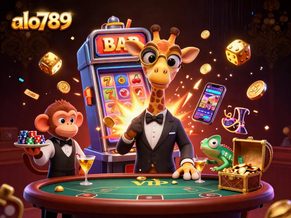 A vibrant scene showcasing alo789 with high-roller characters and dynamic casino elements celebrating a jackpot.