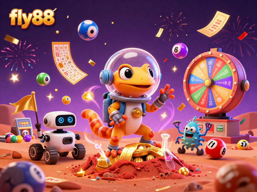 fly88 showcases a Martian gecko celebrating in a vibrant casino scene filled with excitement and colorful elements.