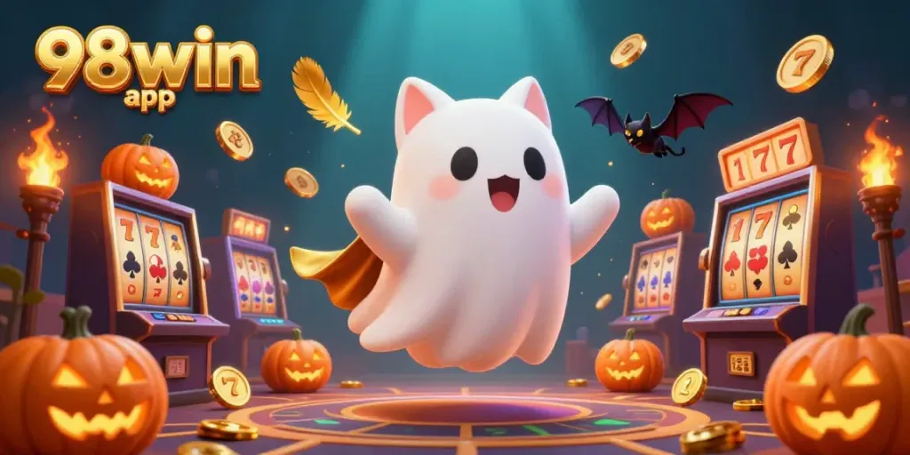 Engage with the 98win app in an exciting online casino adventure featuring a ghost cat and a bat with playful themes.