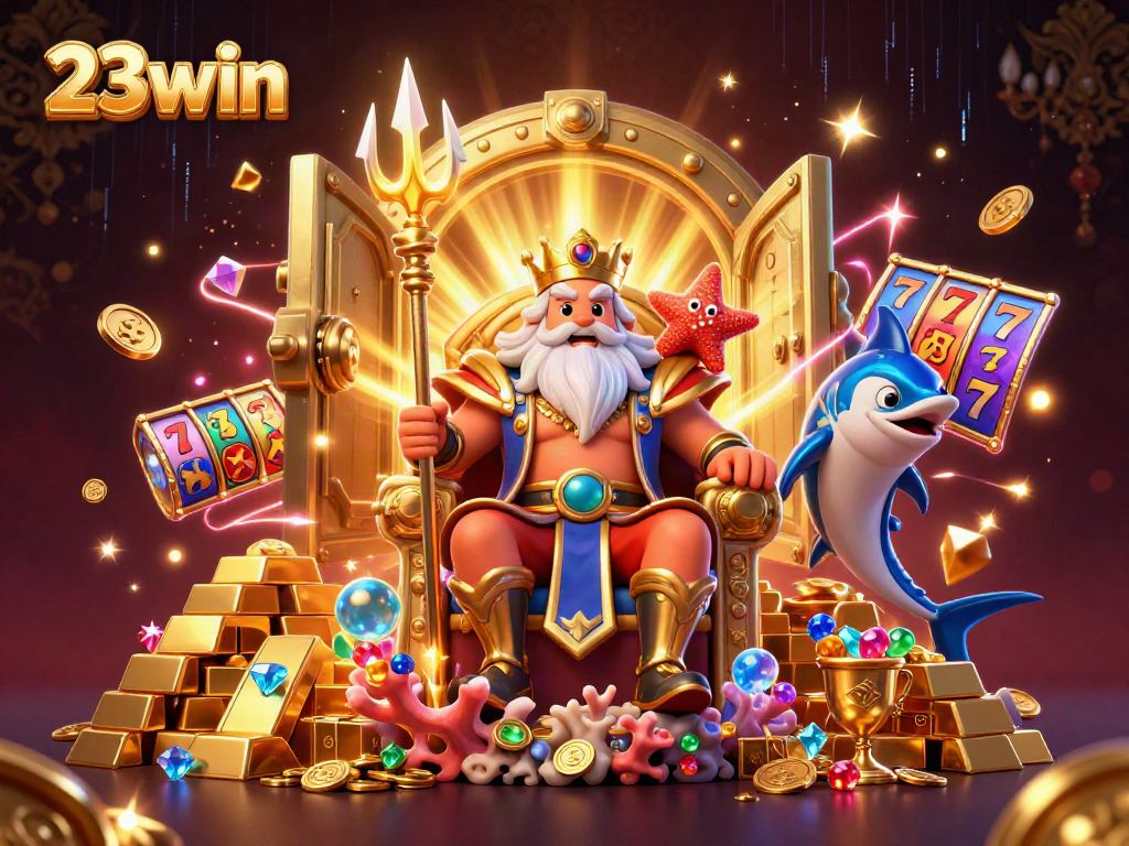 Experience the excitement of 23win with a vibrant scene featuring sea king Neptune atop treasure, surrounded by riches and slot reels.