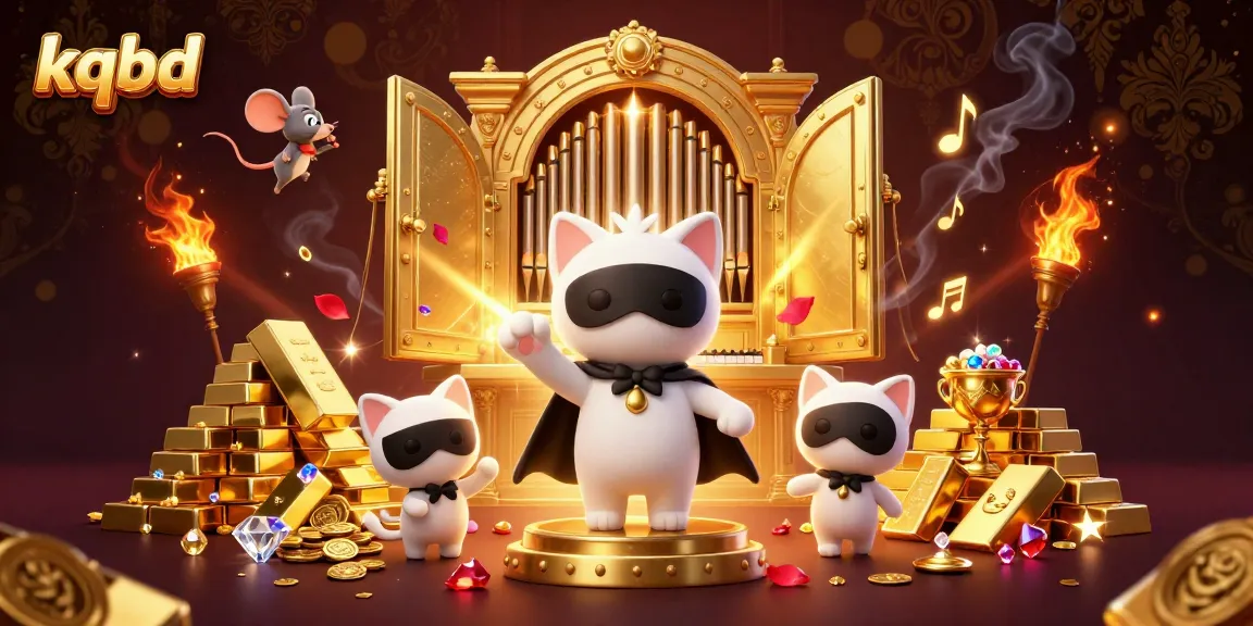 Experience the thrill of kqbd as a phantom cat plays a pipe organ amidst gold treasure and musical notes.