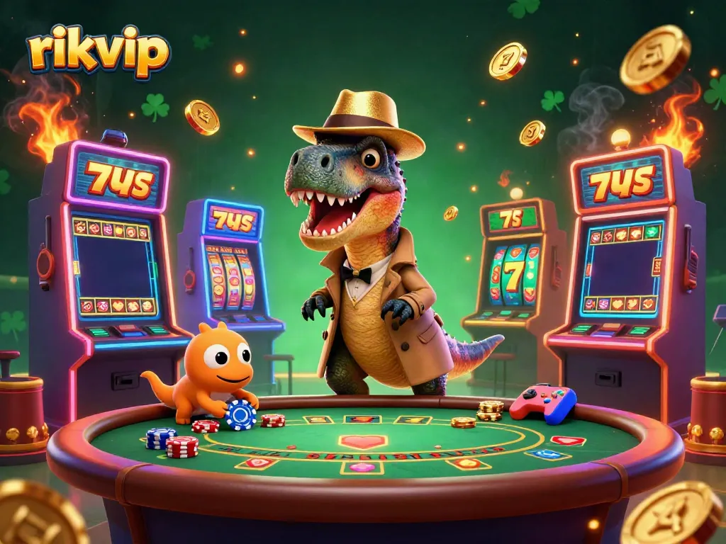 Engage in thrilling gaming action at rikvip with vibrant slot machines and playful characters.