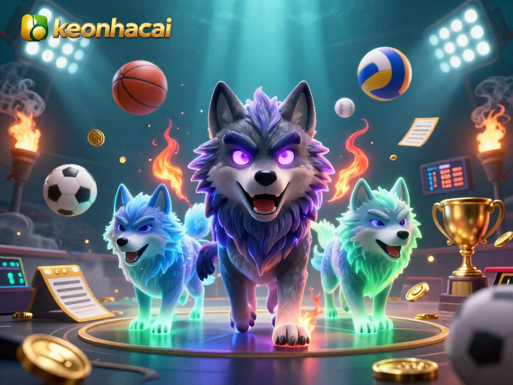 Engage with keonhacai's dynamic sports betting scene featuring mystical wolves and vibrant sports elements.