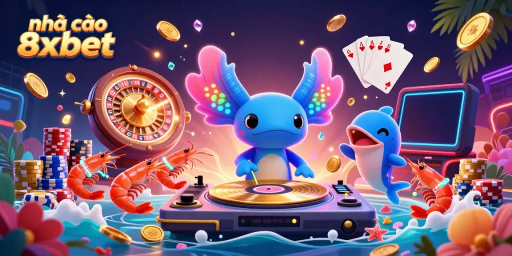 Experience the vibrant excitement at nhà cái 8xbet with a neon underwater casino party featuring lively characters and dynamic game elements.