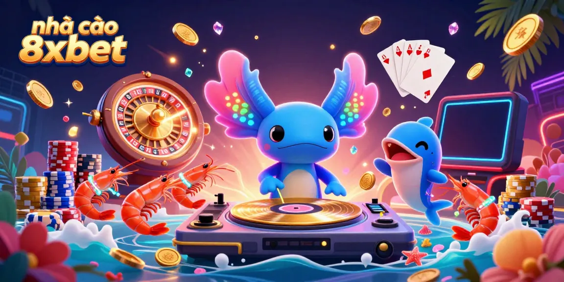 Experience the vibrant excitement at nhà cái 8xbet with a neon underwater casino party featuring lively characters and dynamic game elements.