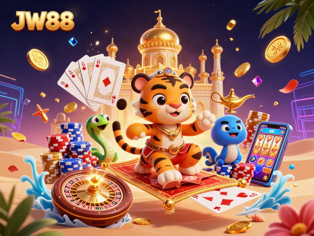 Engage with JW88's thrilling gaming universe featuring a vibrant casino scene.