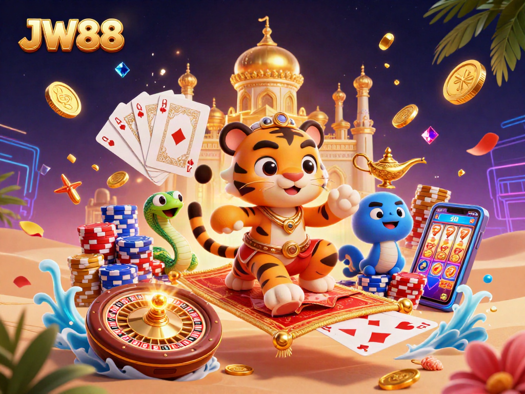 Engage with JW88's thrilling gaming universe featuring a vibrant casino scene.