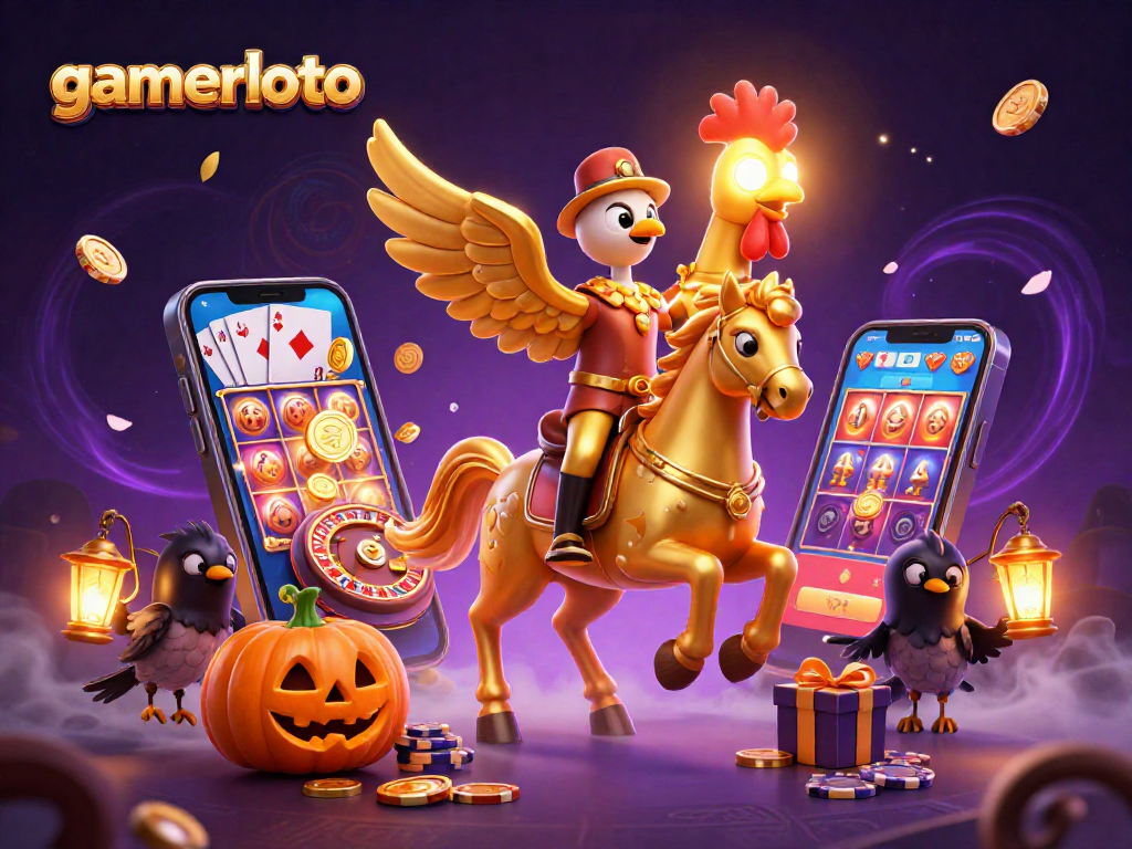 gamerloto features thrilling casino action with a golden rooster and spectral horse in a midnight setting