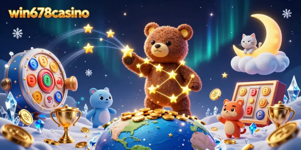 Win678casino showcases an energetic casino vibe with constellation bear and dynamic slot elements in a vibrant scene.
