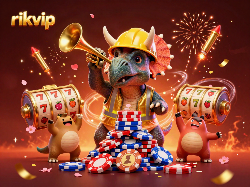 Experience thrilling gameplay with rikvip as a triceratops builds a poker chip pyramid surrounded by slot reels.