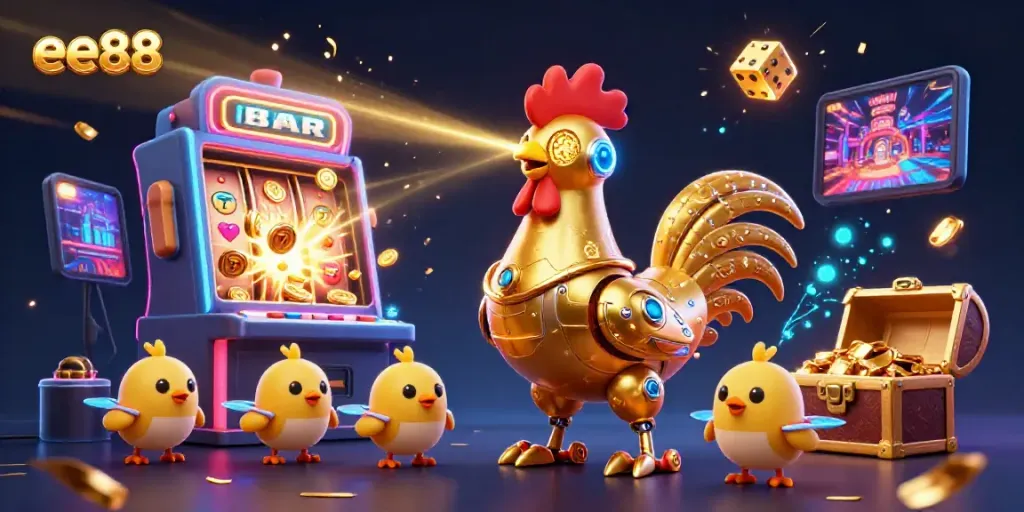 Engage with exciting games at ee88; a dynamic scene of a golden rooster robot and baby chick drones amidst a jackpot explosion.