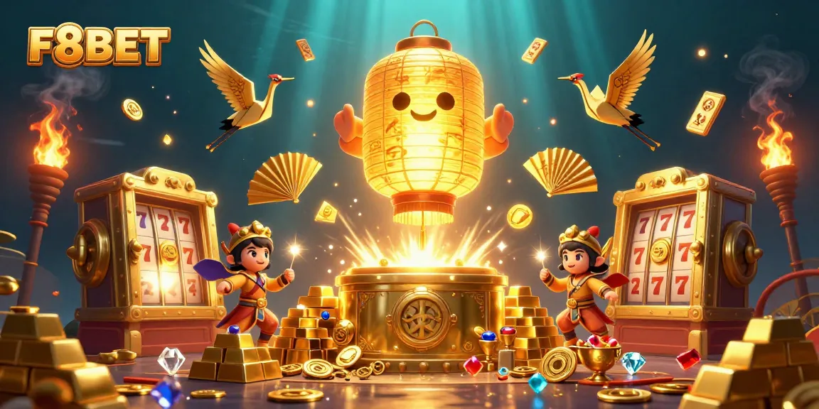Experience F8BET's vibrant casino scene with golden elements and dynamic slot action.