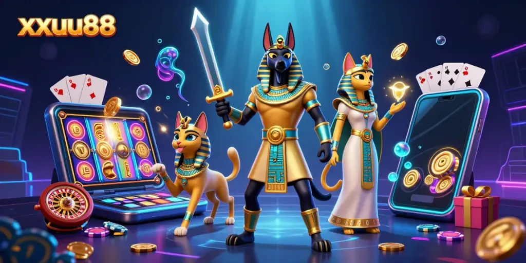 Experience thrilling gameplay at xxuu88 with ancient Egyptian characters and vibrant casino symbols.