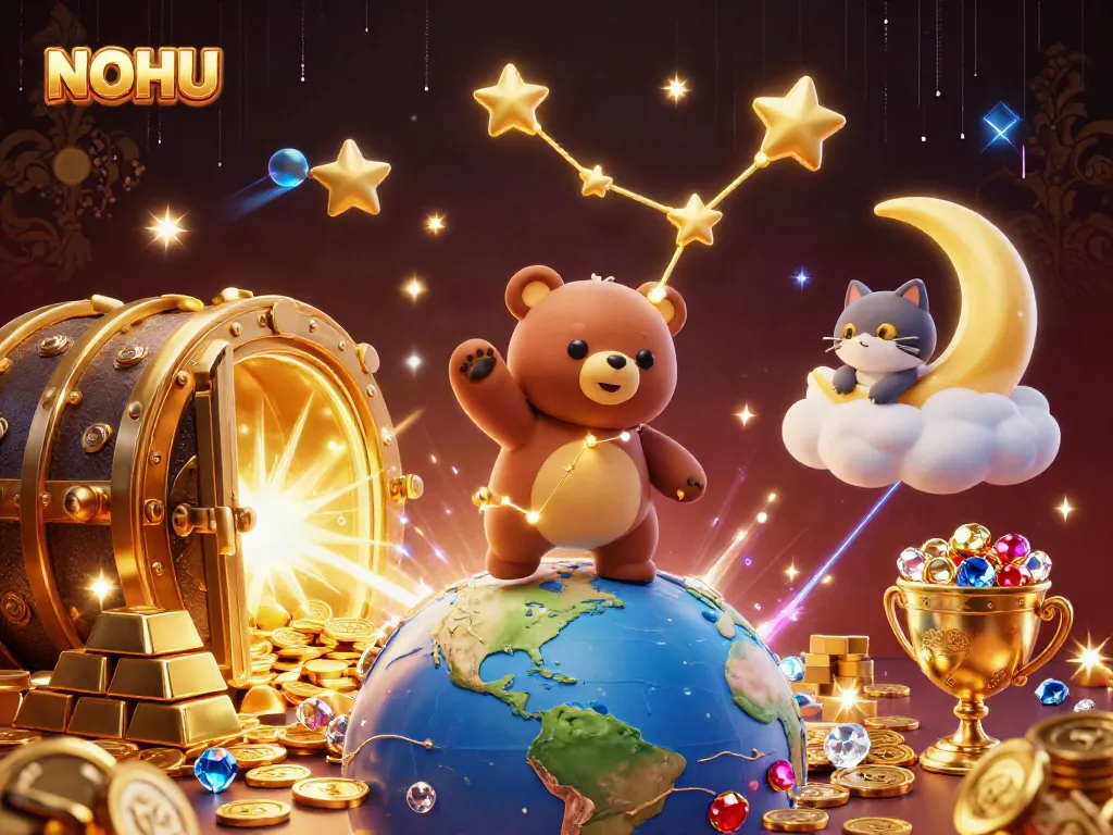 Experience exciting slot gameplay with NOHU as a cartoon constellation bear scoops coins and treasures.