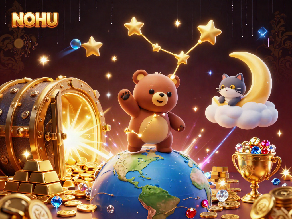 Experience exciting slot gameplay with NOHU as a cartoon constellation bear scoops coins and treasures.