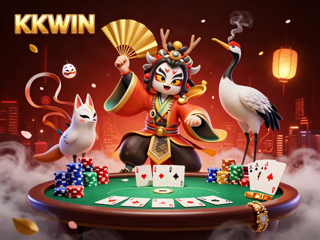 Experience the vibrant energy of KKWIN with a kabuki warrior and casino elements in a stunning scene.