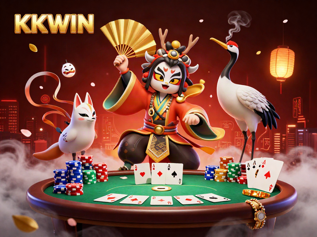 Experience the vibrant energy of KKWIN with a kabuki warrior and casino elements in a stunning scene.