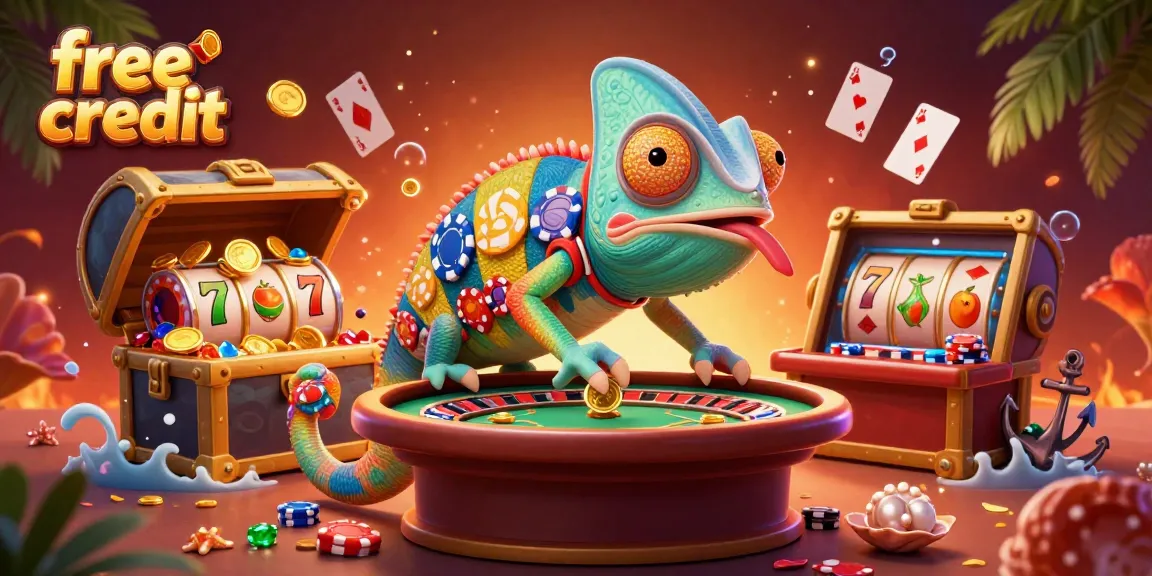 Spin winning slots with free credit at a vibrant digital casino owned by a colorful chameleon.