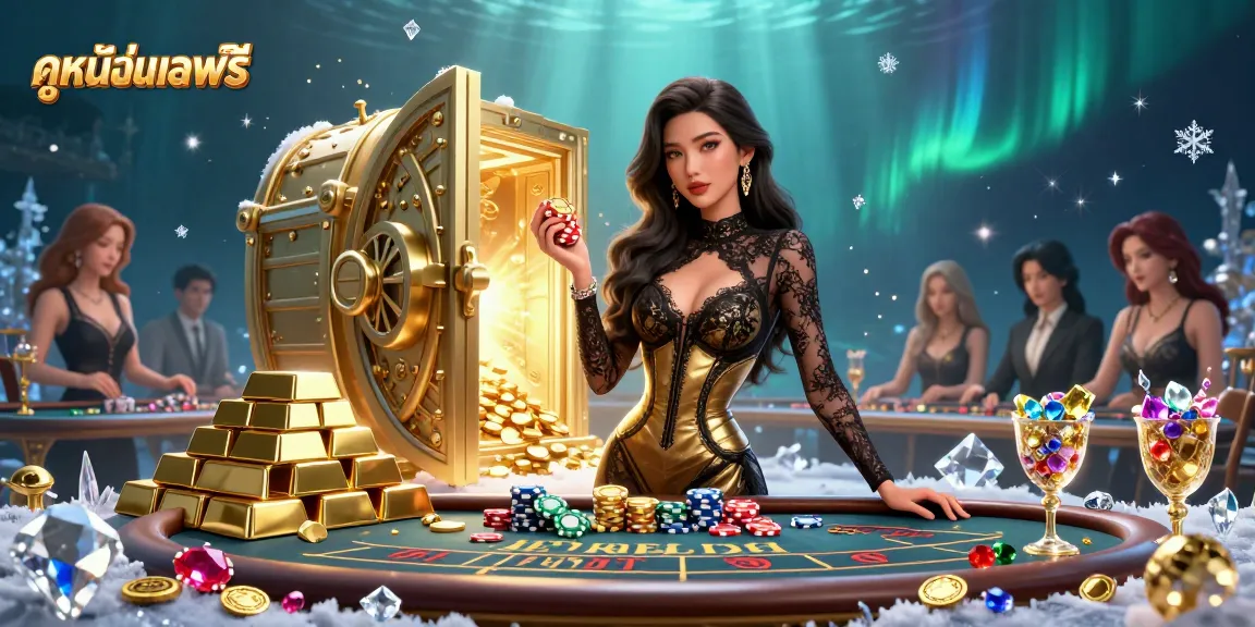 Experience ดูหนังออนไลน์ฟรี at a captivating VIP baccarat table, amidst glimmering casino treasures and glinting gems.