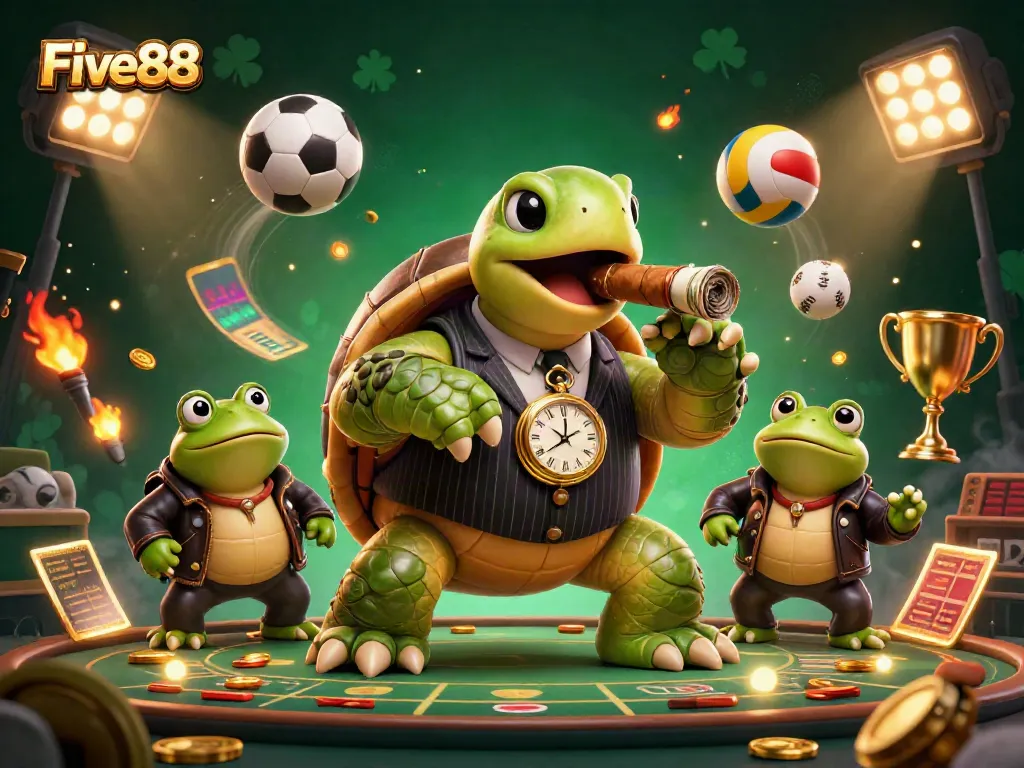 Experience the excitement at Five88 with a vibrant 3D turtle mobster scene, featuring dynamic sports elements and casino action.