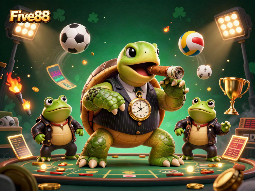 Experience the excitement at Five88 with a vibrant 3D turtle mobster scene, featuring dynamic sports elements and casino action.