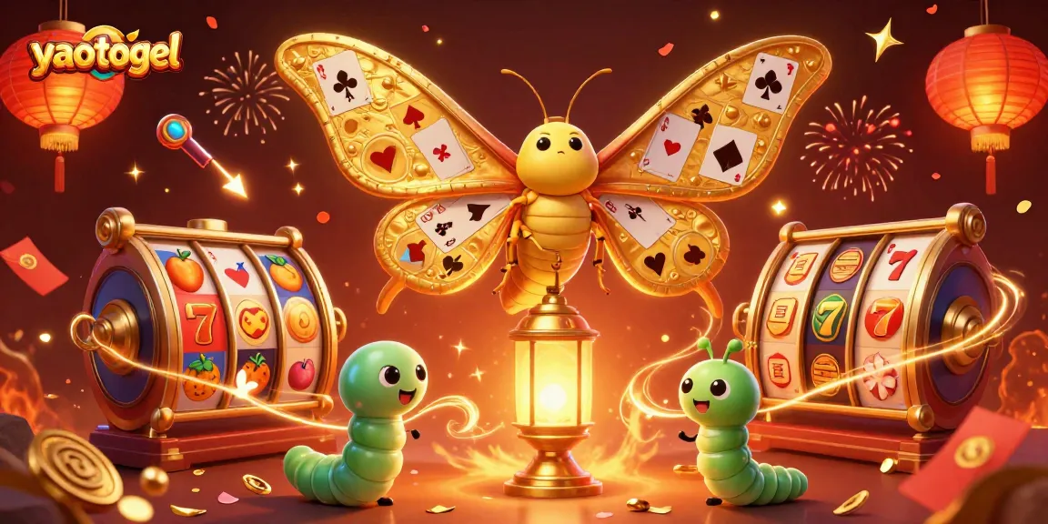Play exciting games at yaotogel with vibrant visuals of slot reels, cosmic moth, and festive decor.