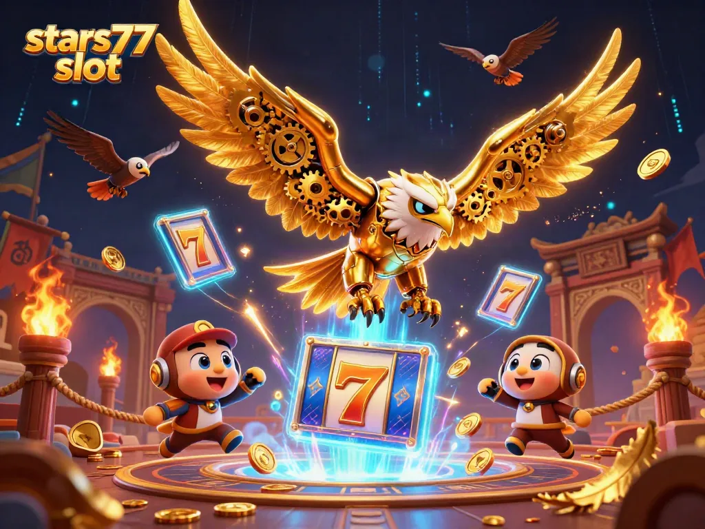 Bermain slot di stars77 slot dengan ilustrasi 3D burung elang cybernetic terbang di antara simbol permainan yang berkilauan.