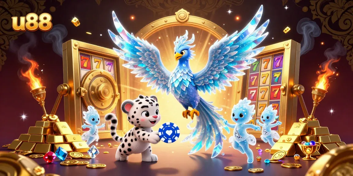 Spin the reels at u88 with a vibrant scene featuring a totemic ice phoenix and treasures from the casino.