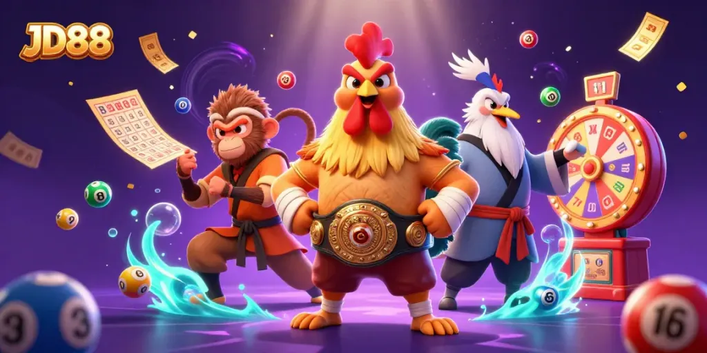 Engage with JD88, featuring a dynamic scene with cartoon rooster and monkey amidst colorful lottery elements.