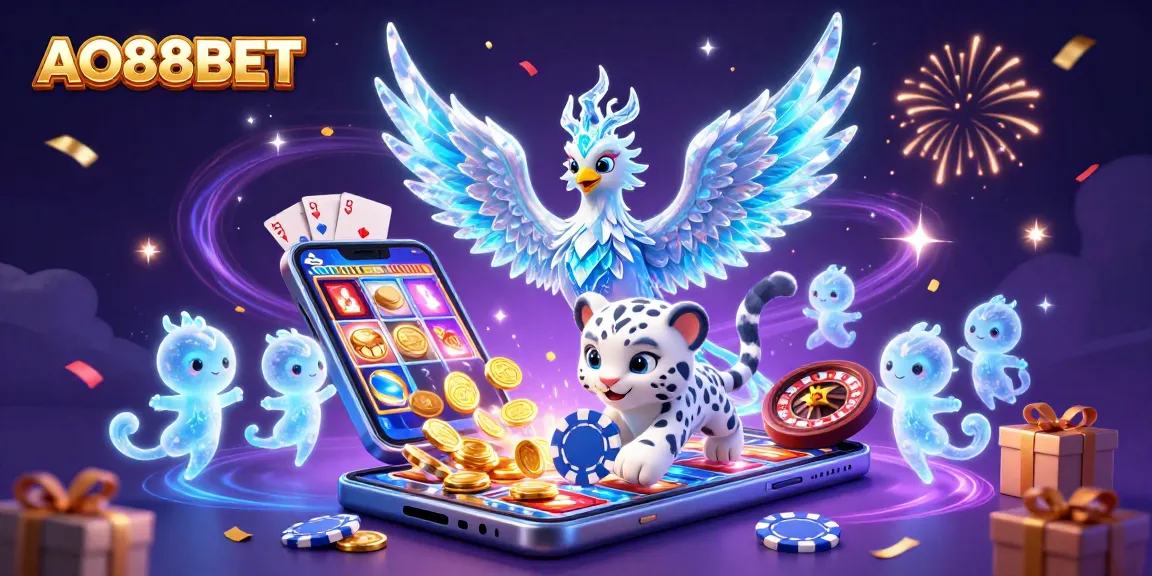 Experience fun and excitement with AO88BET in this vibrant casino-themed illustration.