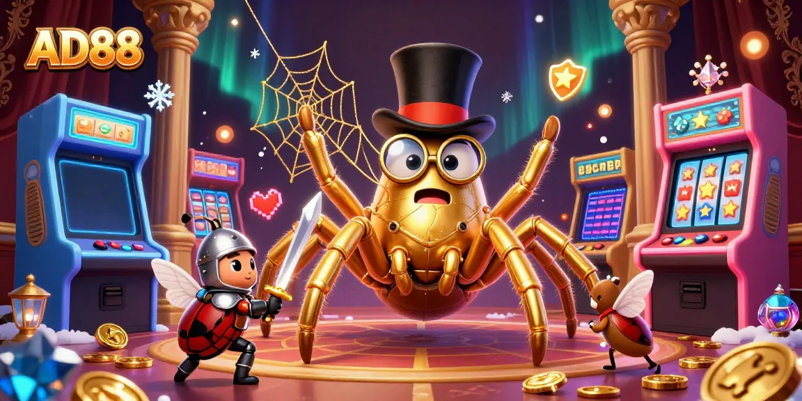 Engage with the thrilling world of AD88, where a golden tarantula spins webs of fortune amid dynamic gaming elements.