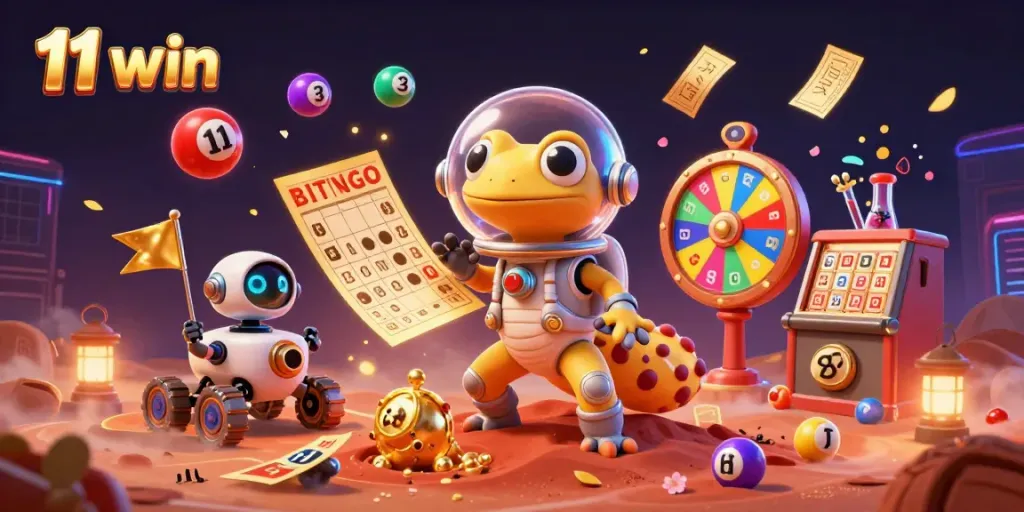 Engage with the 11 win casino adventure featuring a Martian gecko discovering treasures amidst colorful lottery elements.